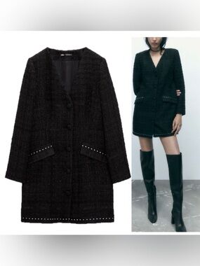 Zara black textured tweed blazer dress studded details on pockets and hem Sz L
